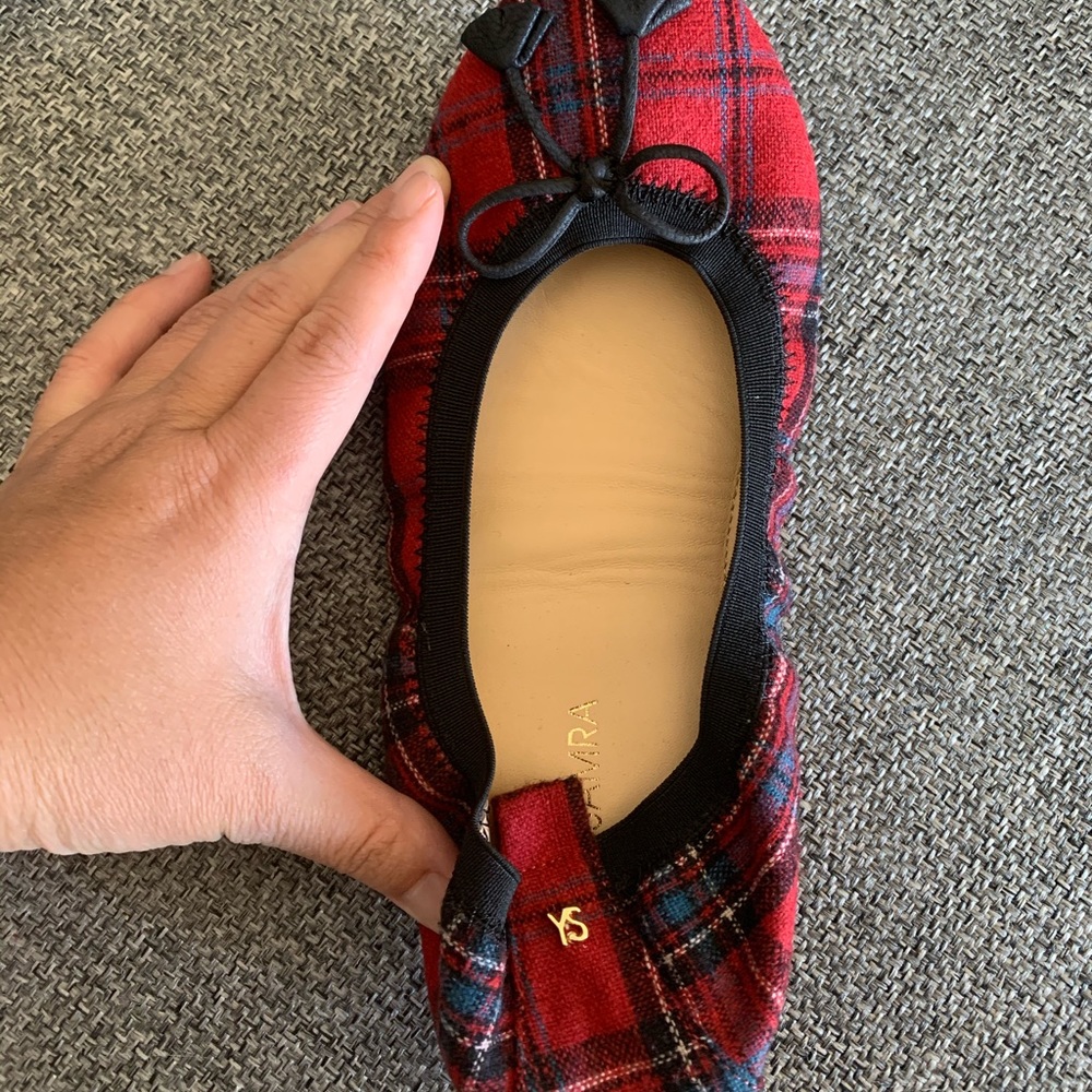 Yosi samra red holiday plaid wrap up ballet shoes